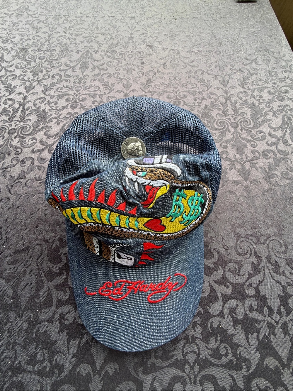 Vintage Y2K Don Ed Hardy Snake Money Denim Trucker Hat Made USA Tattoo Wear